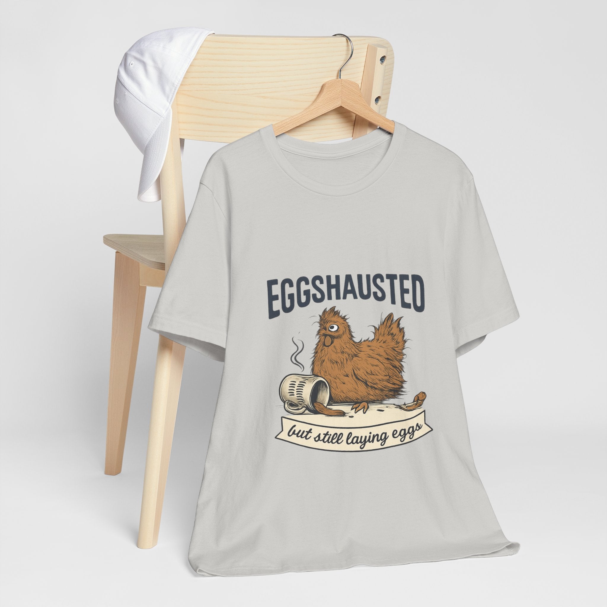 Eggshausted Chicken Tee — Funny "Eggshausted but still laying eggs" Shirt